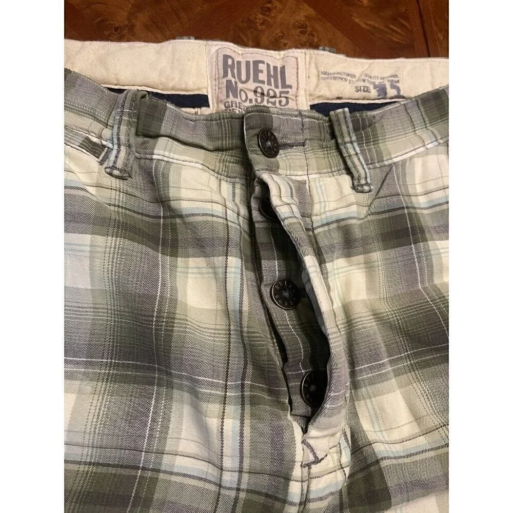 RUEHL No.925 Men's 32 Plaid Green Chino Shorts Heavy Twill Button Fly Drawstring